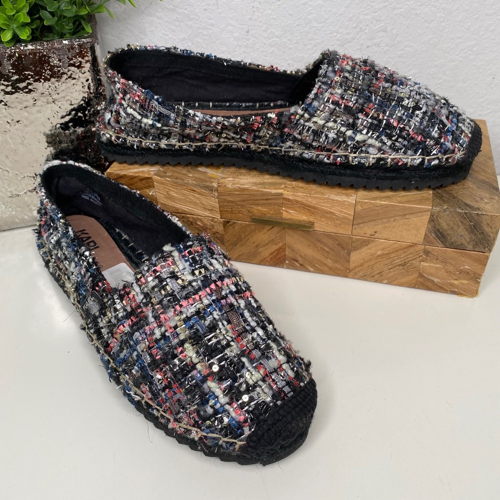 Karl Lagerfeld Arago 2 Tweed Espadrille‎ Flats Black Multi Color Size 10
